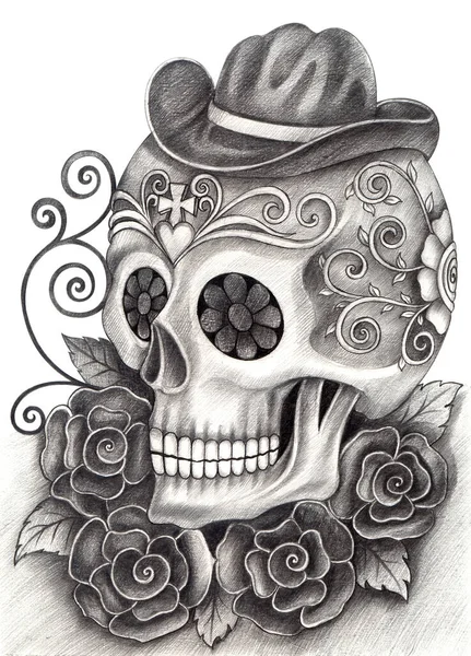 Arte Cráneo Día Los Muertos Dibujo Mano Sobre Papel — Foto de Stock