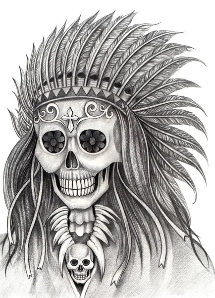 Arte Indio Cráneo Tatuaje Dibujo Mano Sobre Papel — Foto de Stock