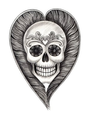 Art skull mix feather heart. Hand drawing on paper.