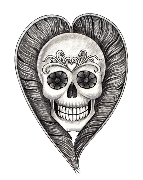Cráneo Arte Mezcla Corazón Pluma Dibujo Mano Sobre Papel — Foto de Stock