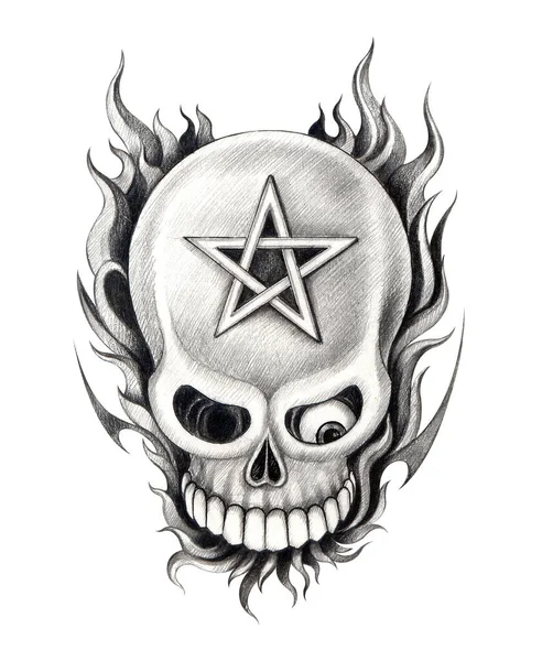 Art Skull Mix Pentagram Tattoo Hand Drawing Paper — 图库照片
