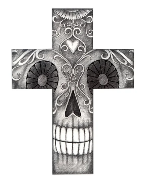Art Skull Cross Tattoo Hand Drawing Paper —  Fotos de Stock
