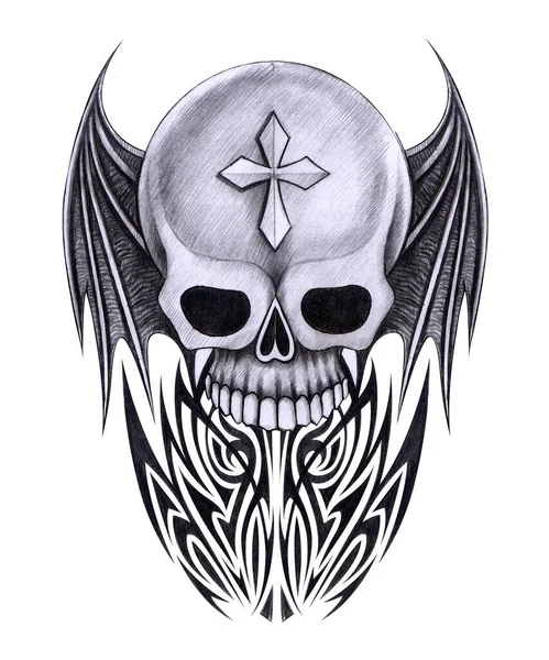 Art Fancy Wings Devil Skull Tattoo Hand Drawing Paper — Fotografia de Stock