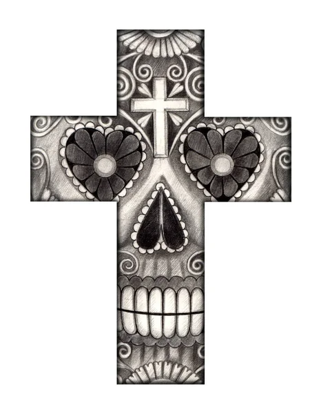 Art Skull Cross Tattoo Hand Drawing Paper — Fotografia de Stock