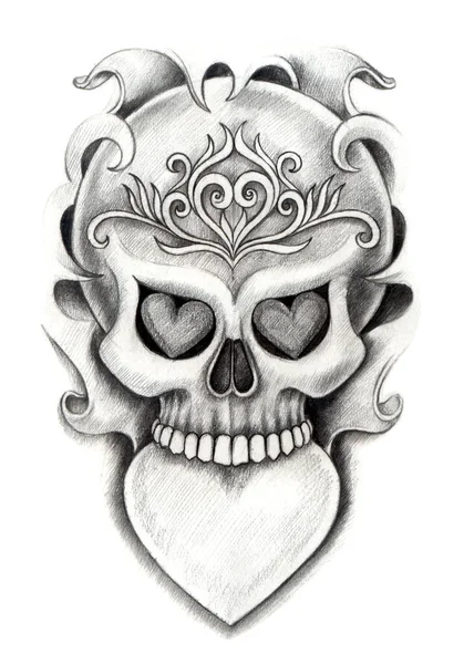 Art Surreal Heart Mix Skull Tattoo Hand Drawing Paper — Stock Fotó