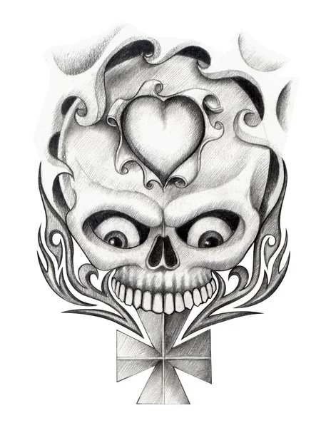 Art Surreal Skull Tattoo Hand Drawing Paper — Photo