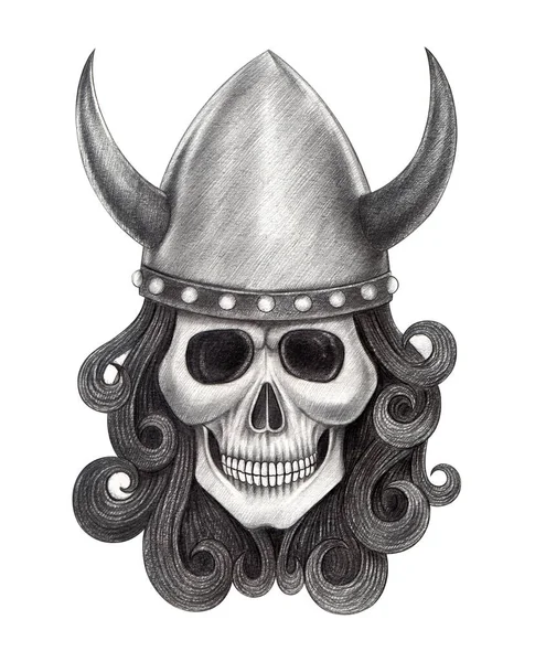 Art Viking Skull Tattoo Hand Drawing Paper — Stock Fotó