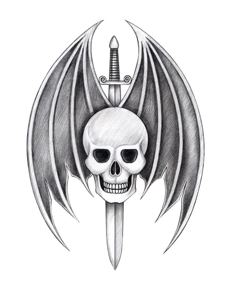 Art Fancy Wings Devil Skull Tattoo Hand Drawing Paper — Stock Photo, Image