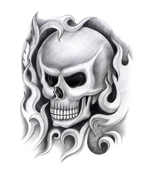Arte Cráneo Tattoo Hand Dibujo Sobre Papel — Foto de Stock