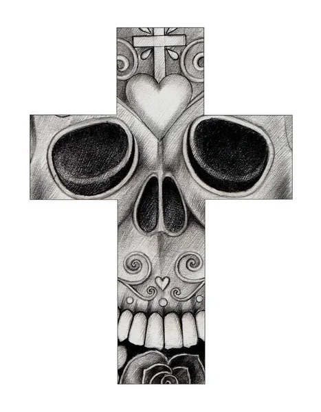 Umění Skul Kříž Tetování Ruční Kreslení Papíře — Stock fotografie