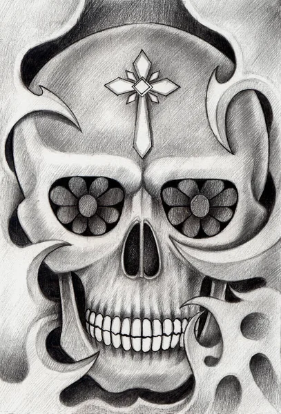 Tatouage Crâne Art Dessin Main Sur Papier — Photo