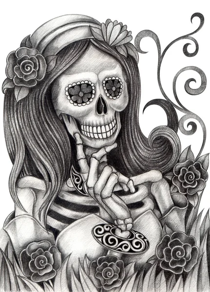 Arte Moda Modelo Mujeres Cráneo Día Los Muertos Dibujo Mano — Foto de Stock