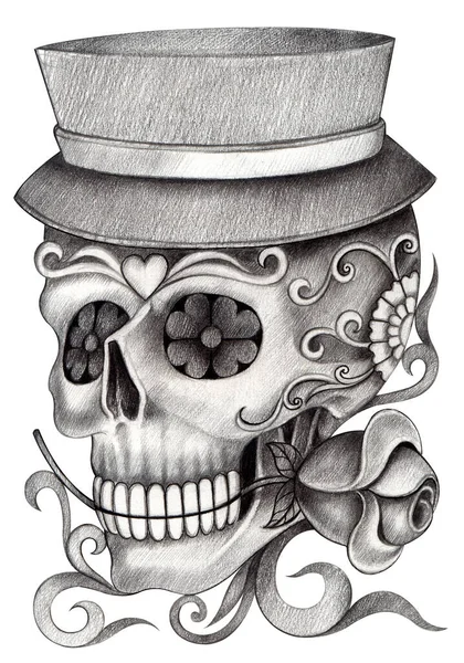 Arte Cráneo Día Muerte Tattoo Hand Dibujo Sobre Papel — Foto de Stock