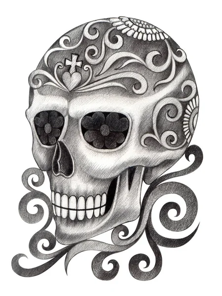 Dia Crânio Arte Tatuagem Morta Desenho Mão Sobre Papel — Fotografia de Stock