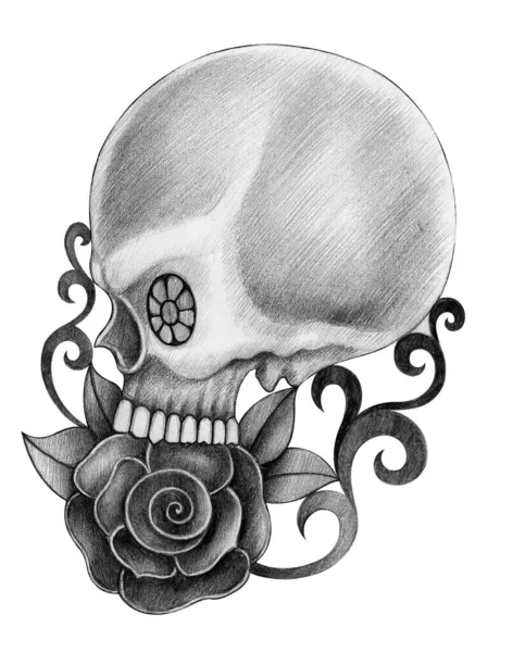 Arte Cráneo Tattoo Hand Dibujo Sobre Papel — Foto de Stock