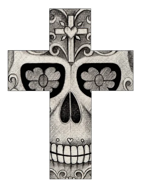 Art Skull Cross Tattoo Hand Drawing Paper — 스톡 사진