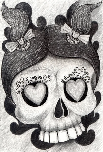 Art Cute Girl Skull Tattoo Hand Drawing Paper — Stock Photo, Image