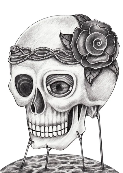 Art surreal skull.Hand drawing on paper.