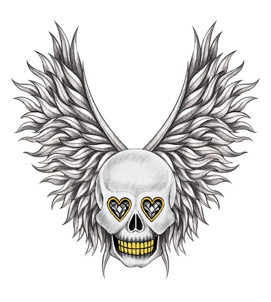 Art Fantasy Wings Angel Skull Tattoo Hand Drawing Paper — Stock Photo, Image