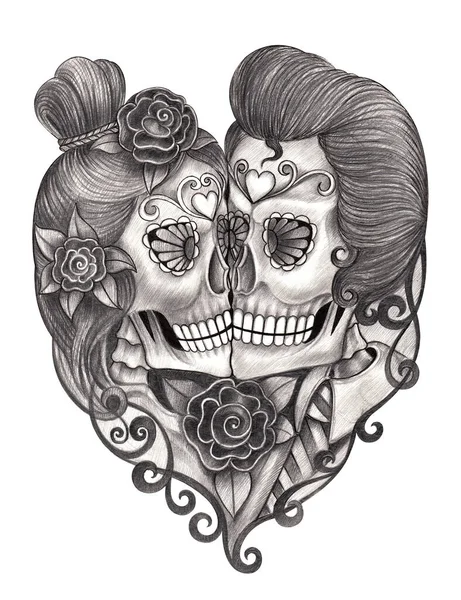 Pareja Arte Amor Cráneo Día Los Muertos Dibujo Mano Sobre —  Fotos de Stock