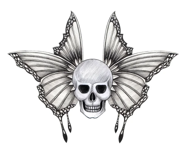 Art Fantaisie Papillon Crâne Tatouage Dessin Main Sur Papier — Photo