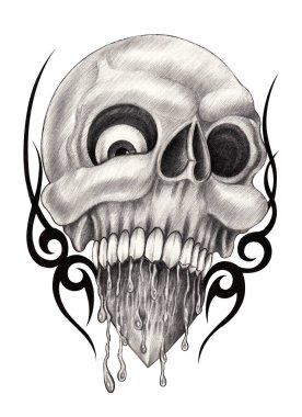 Art surreal skull tattoo.Hand drawing on paper.