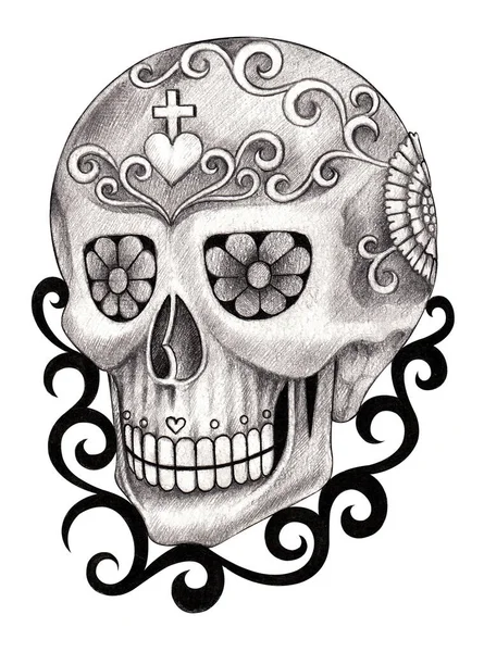 Art skull day of the dead tattoo.Hand drawing on paper.