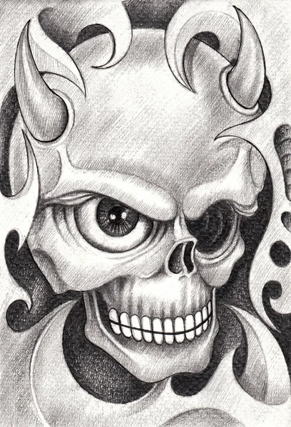 Arte Diablo Cráneo Tattoo Hand Dibujo Sobre Papel — Foto de Stock