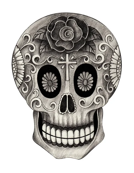 Arte Cráneo Día Los Muertos Dibujo Mano Sobre Papel — Foto de Stock