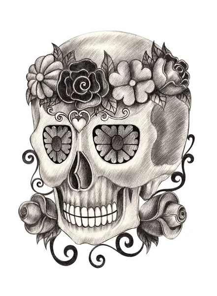 Arte Cráneo Día Los Muertos Dibujo Mano Sobre Papel — Foto de Stock