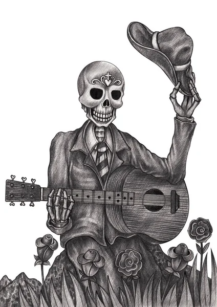 Crânio Arte Toca Guitarra Dia Dos Mortos Desenho Mão Sobre — Fotografia de Stock