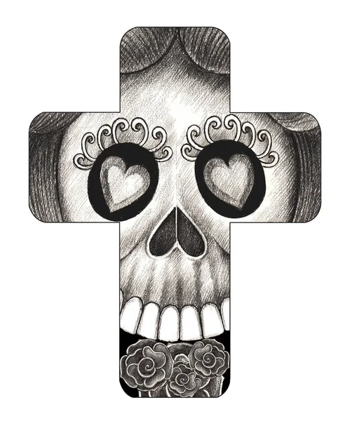 Art Skull Cross Tattoo Hand Drawing Paper — Stock fotografie