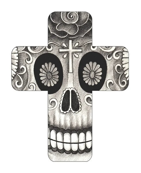 Art Skull Cross Tattoo Hand Drawing Paper — Stock fotografie