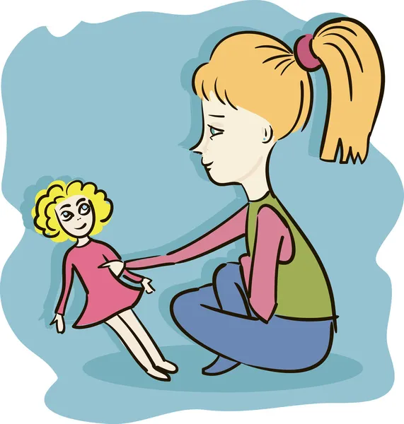 Niña jugando con una muñeca. Ilustración vectorial — Archivo Imágenes Vectoriales