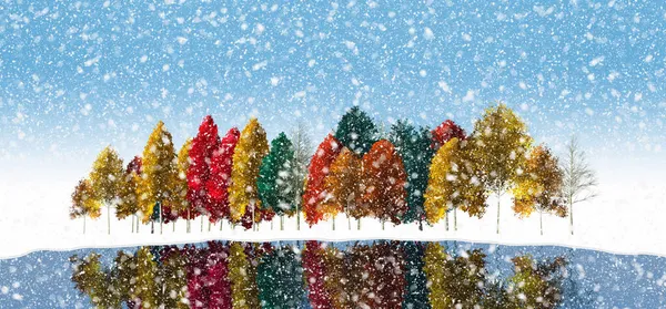 Colorful autumn trees are seen in an early arriving snowstorm in this 3-d illustration.