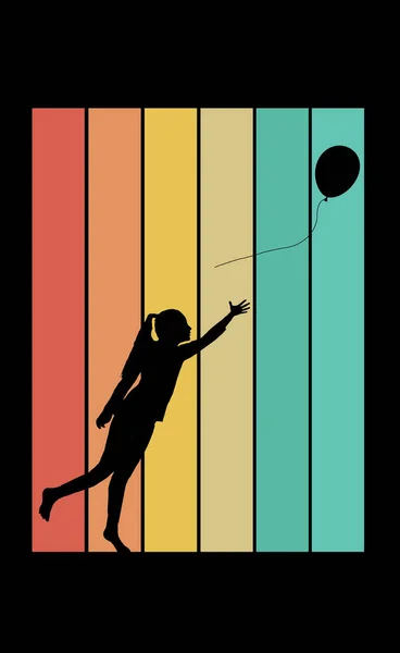 Uma Rapariga Liberta Balão Hélio Esta Uma Silhueta Fundo Listras — Fotografia de Stock