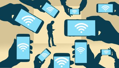Wi-fi simgesini gösteren telefonları tutan eller, arka planda bir adamın telefonunda 3 boyutlu bir illüstrasyonda görüntülenir..