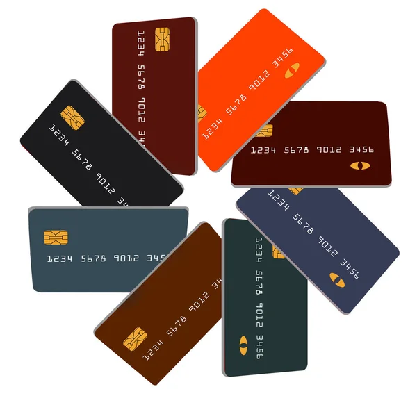 信用卡 其中八张是以圆形的形式排列在一个白色背景上的3 D插画中 — 图库照片