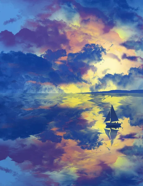 Cielo Atardecer Refleja Una Superficie Lagos Esta Ilustración Velero Agua —  Fotos de Stock