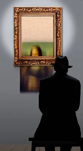 在这幅有关保护和保存艺术的插图中 一幅名画从画框里掉到了艺术画廊的墙上 — 图库照片