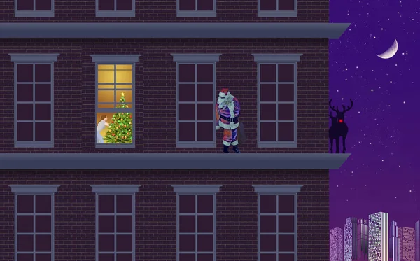 Der Weihnachtsmann Steht Auf Einem Sims Eines Städtischen Wohnhauses Und — Stockfoto
