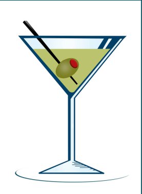 Likörlü martini bardağı, beyaz arka planda izole edilmiş zeytin ve kokteyl çubuğu..