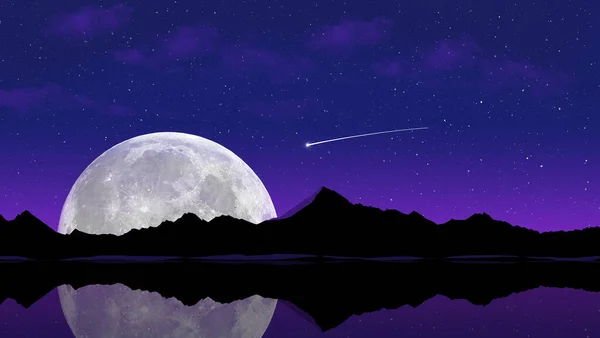 Huge Moon Seen Rising Mountain Lake Shooting Star Appears Sky — Stock Photo, Image