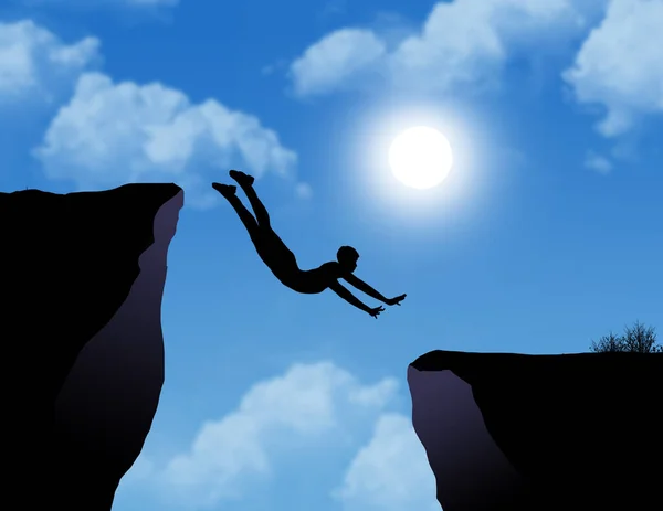 Man Makes Leap One Cliff Another Lower Cliff Illustration — стоковое фото