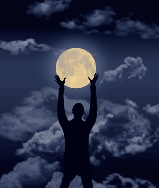 Man Reaches Moon Night Illustration — Stock Photo, Image