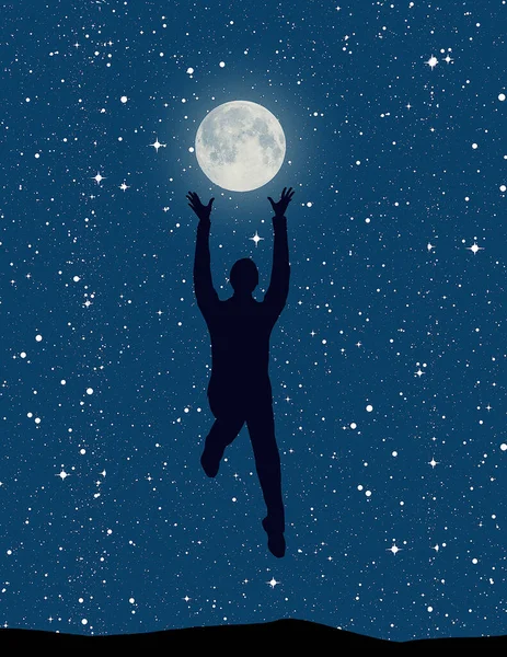 Hombre Salta Como Fuera Agarrar Luna Que Cielo Estrellado Por — Foto de Stock