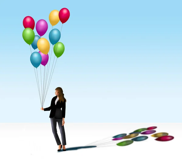 Woman Holds Bunch Balloons Sunlight Casts Her Shadow Balloons Ground — Stockfoto