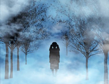 A young girl, a child, stands in the fog and mist on a trail through the woods and forest. This is a 3-d illustration about children facing the unknown. 