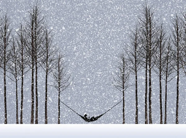 Winter Vacation Destinations Illustrated Woman Hammock Trees Snowstorm Illustration — Stockfoto