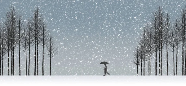 Man Umbrella Walks Snowstorm Groves Leafless Trees Illustration Winter Weather — Stockfoto